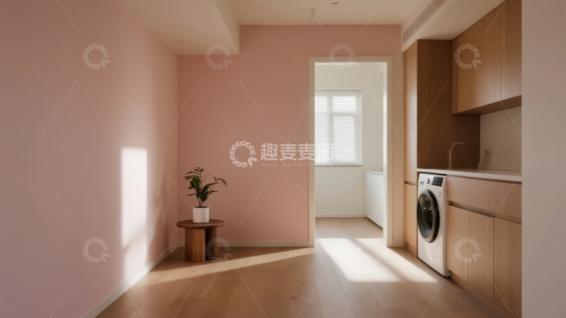 高清大图下载【趣麦麦图】粉色墙壁的室内空间搭配洗衣机和绿植