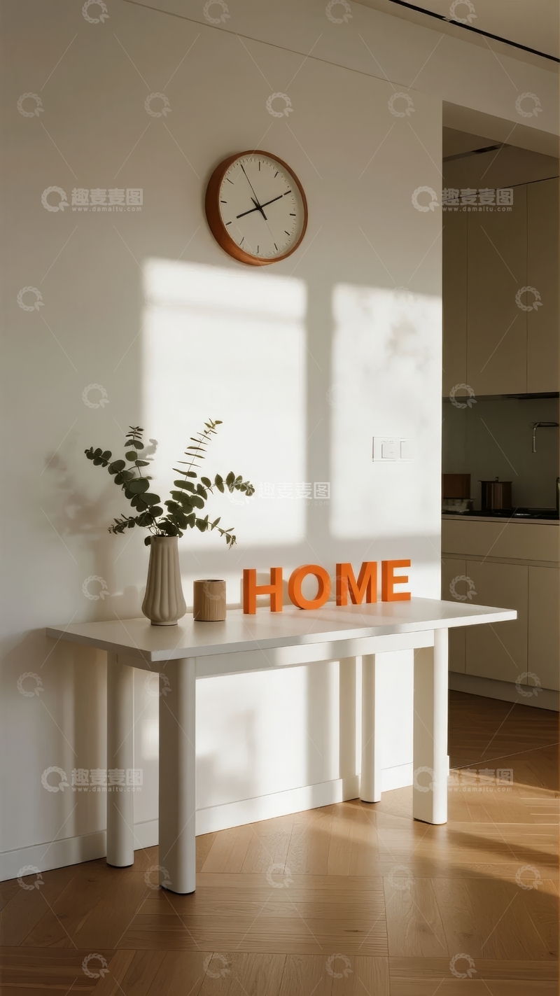 高清大图下载【趣麦麦图】现代简约风格客厅墙面装饰有挂钟绿植与HOME字样