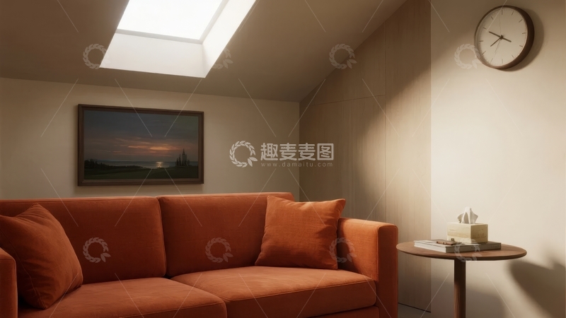 高清大图下载【趣麦麦图】现代简约风格客厅橙色沙发与艺术画作