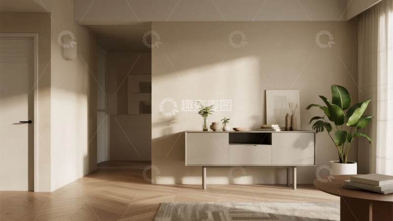 高清大图下载【趣麦麦图】现代简约风格客厅展示白色柜子与绿植装饰
