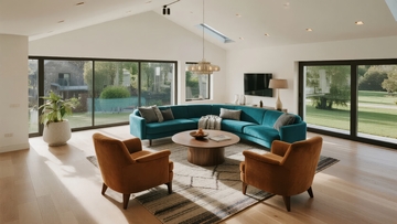 现代客厅采用大面积落地窗和蓝色沙发营造明亮舒适氛围