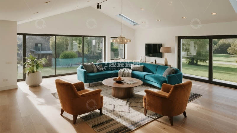 高清大图下载【趣麦麦图】现代客厅采用大面积落地窗和蓝色沙发营造明亮舒适氛围