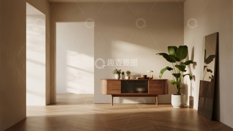 高清大图下载【趣麦麦图】简约现代风格客厅角落摆放木质柜与绿植