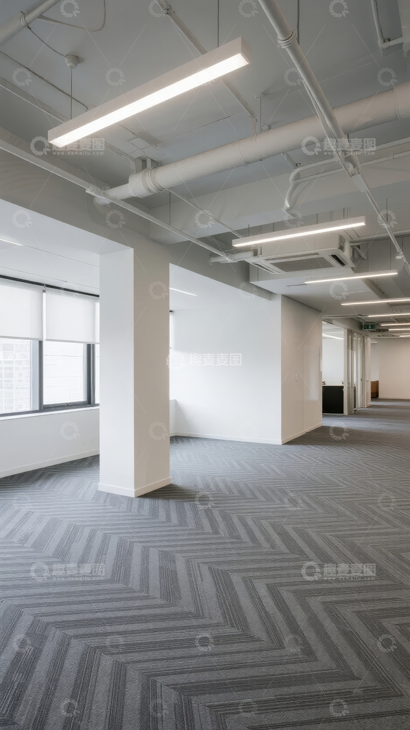 现代办公室空旷走廊铺有几何图案地毯