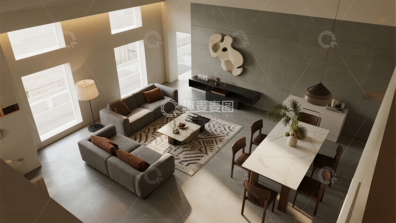 高清大图下载【趣麦麦图】现代简约风格客厅与餐厅一体化设计
