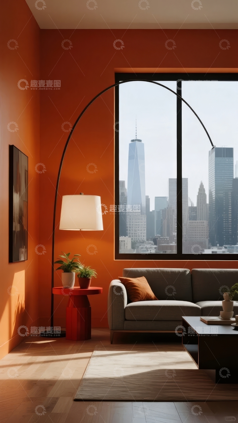 高清大图下载【趣麦麦图】橙色墙面客厅现代都市景观落地灯
