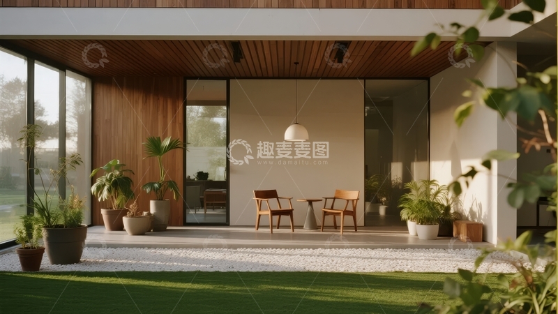 高清大图下载【趣麦麦图】现代风格户外庭院设计融合木质与玻璃元素