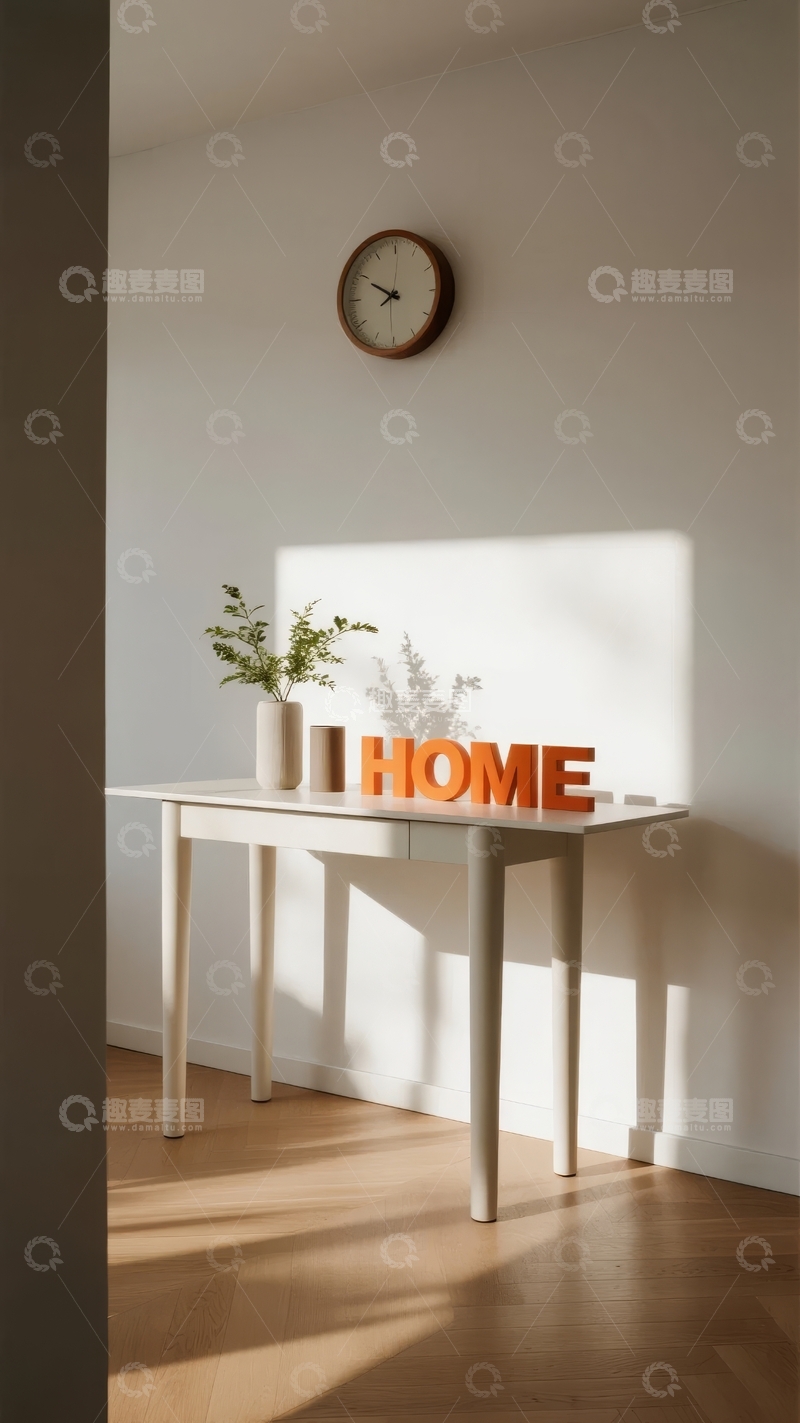 高清大图下载【趣麦麦图】简约室内角落摆放着装饰花瓶和HOME字样摆件
