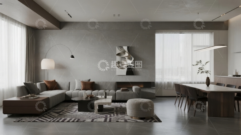 高清大图下载【趣麦麦图】现代简约风格客厅与餐厅一体化设计