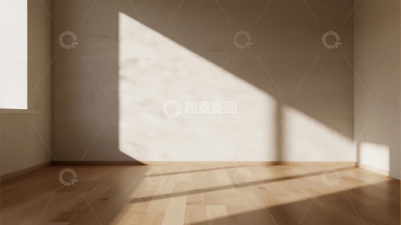 高清大图下载【趣麦麦图】阳光洒在木质地板和大理石墙面的空房间角落