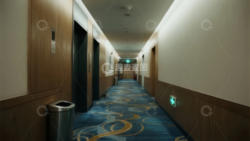 高清大图下载【趣麦麦图】酒店走廊铺有蓝色花纹地毯两侧为木质墙面