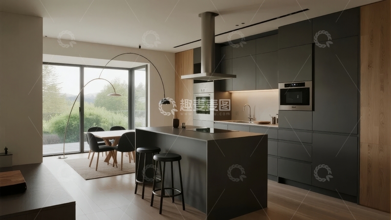 高清大图下载【趣麦麦图】现代简约风格厨房与餐厅相连的明亮室内空间