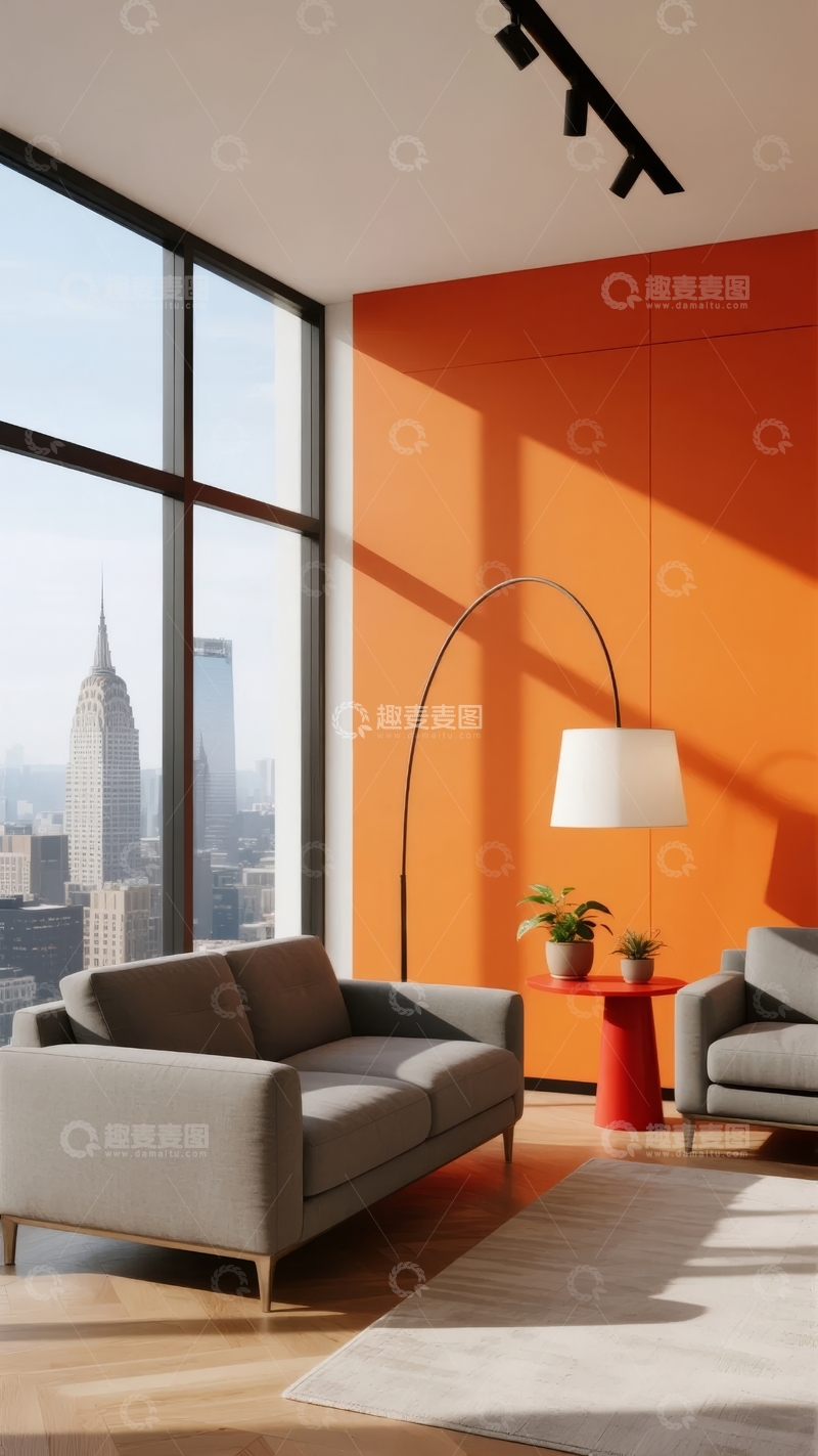 高清大图下载【趣麦麦图】现代客厅橙色墙面与城市景观窗景