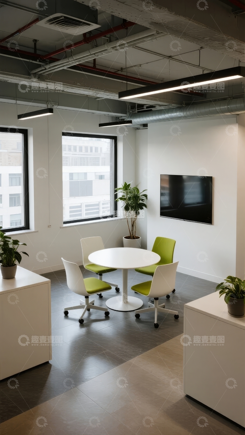 现代办公室内的小型会议室配有圆形桌椅和绿植