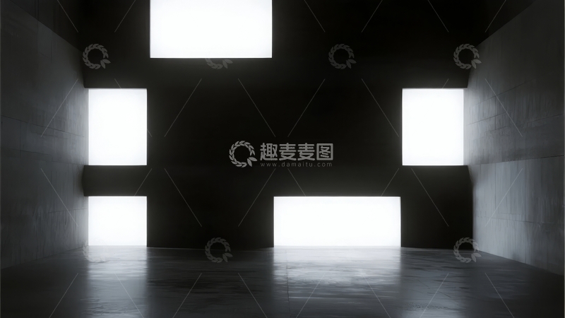 高清大图下载【趣麦麦图】黑暗空间中多处明亮方形光源的现代抽象场景