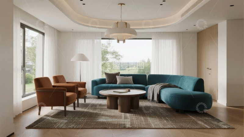 高清大图下载【趣麦麦图】现代客厅设计以蓝色沙发和大面积窗户为特色