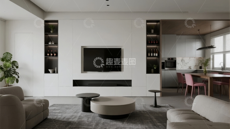 高清大图下载【趣麦麦图】现代简约风格客厅与开放式厨房空间设计