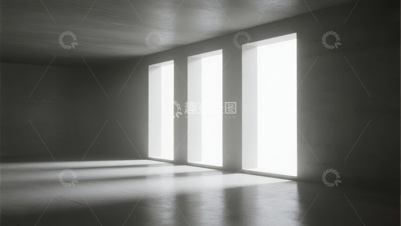 高清大图下载【趣麦麦图】空旷房间内三扇明亮窗户投射光影