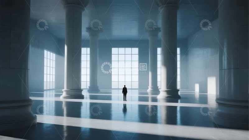 高清大图下载【趣麦麦图】一人站在宽敞明亮的柱廊大厅中央