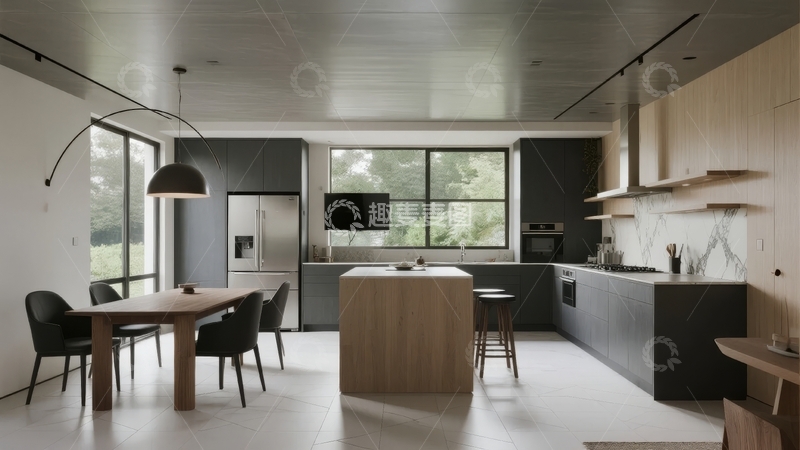 高清大图下载【趣麦麦图】现代简约风格厨房与餐厅一体化设计