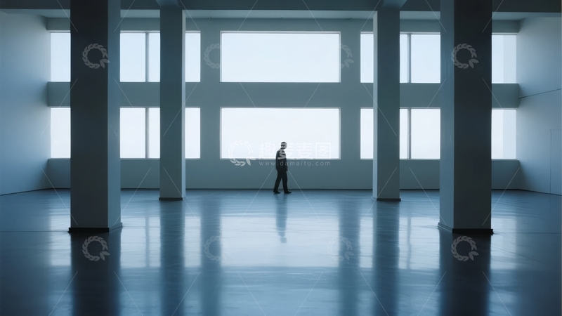 高清大图下载【趣麦麦图】一人在宽敞明亮的现代建筑大厅中行走