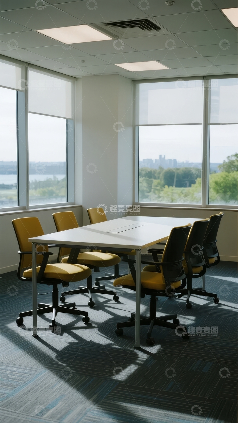 高清大图下载【趣麦麦图】明亮办公室内设会议桌与黄色椅子窗外可见河流景观