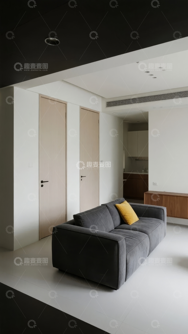 高清大图下载【趣麦麦图】现代简约风格客厅沙发配黄色靠垫