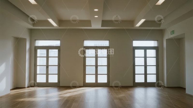 高清大图下载【趣麦麦图】空旷明亮的室内空间三扇大窗户透进自然光