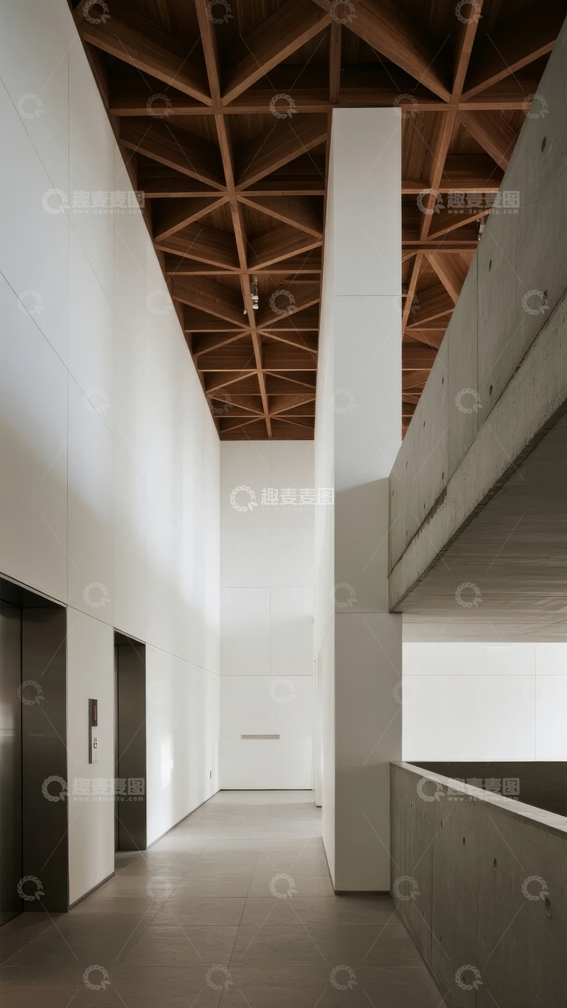 高清大图下载【趣麦麦图】现代建筑内部空间展示木质天花板与简洁墙面设计