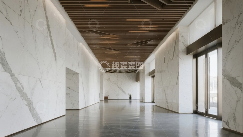 高清大图下载【趣麦麦图】现代建筑长廊大理石墙面与木质天花板设计