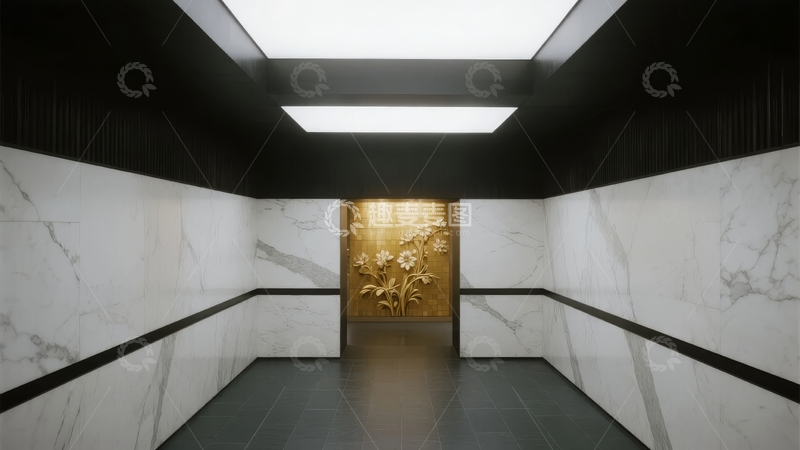 高清大图下载【趣麦麦图】豪华电梯厅采用大理石装饰配金色花卉门