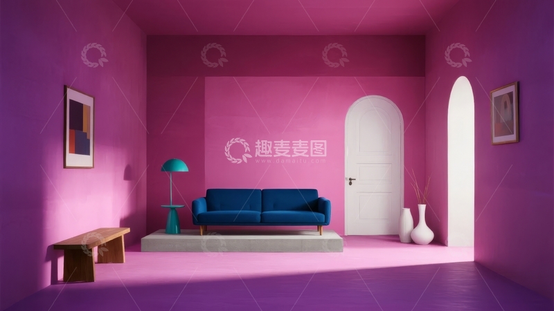 高清大图下载【趣麦麦图】现代简约风格粉色房间内蓝色沙发与装饰品