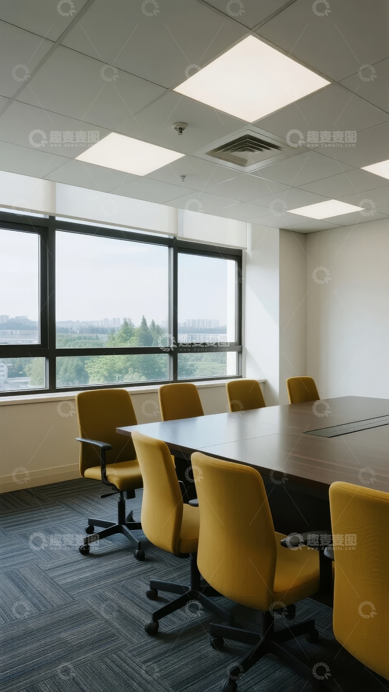 高清大图下载【趣麦麦图】现代会议室配备长桌和黄色椅子靠近大窗户