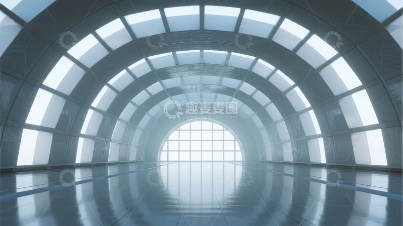 高清大图下载【趣麦麦图】未来感十足的弧形玻璃隧道尽头透进明亮光线