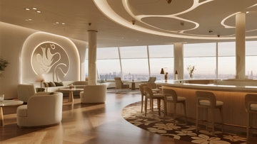 现代豪华室内设计展示宽敞明亮的休息区与吧台