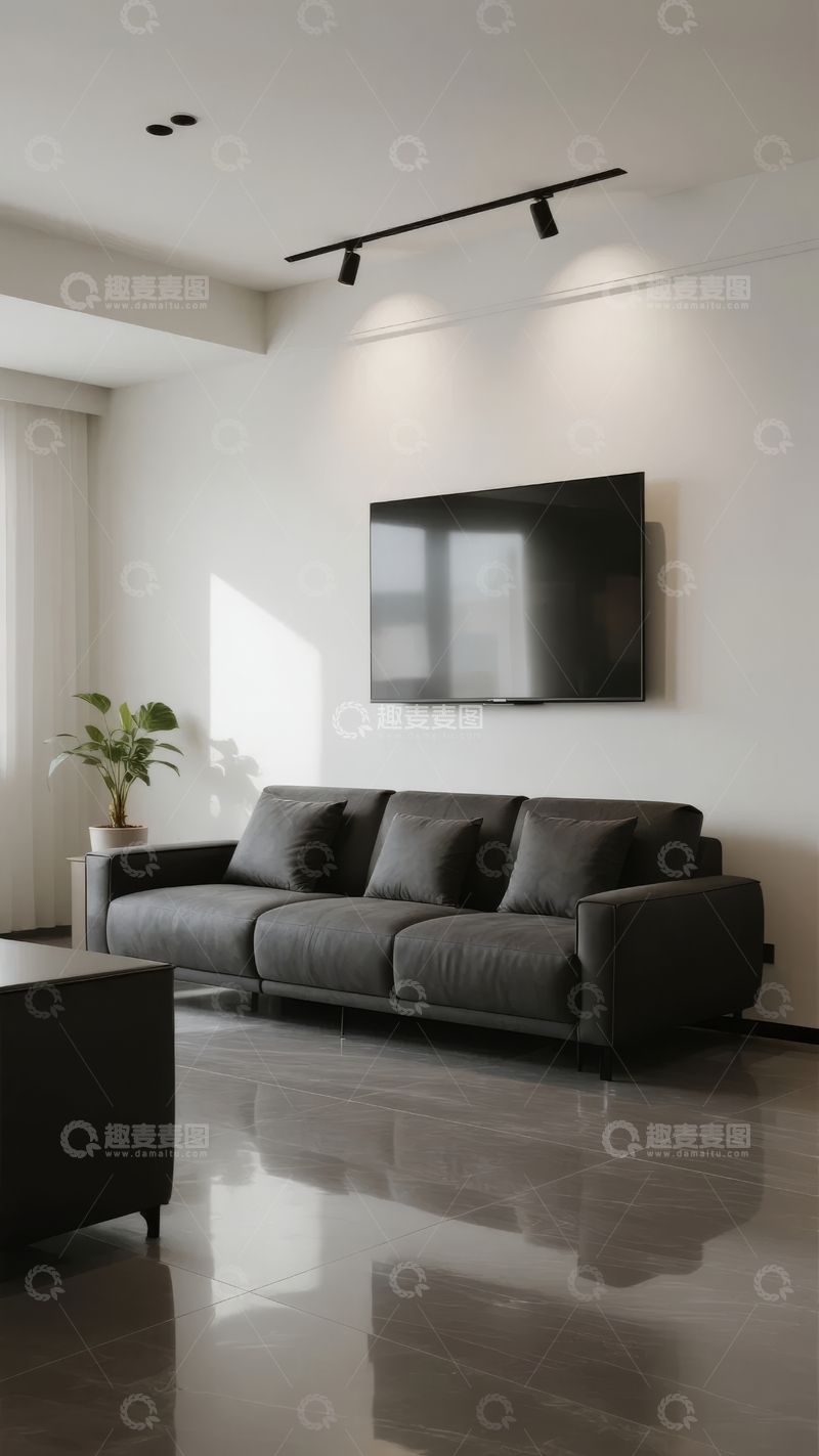 高清大图下载【趣麦麦图】现代简约客厅配有灰色沙发和壁挂电视