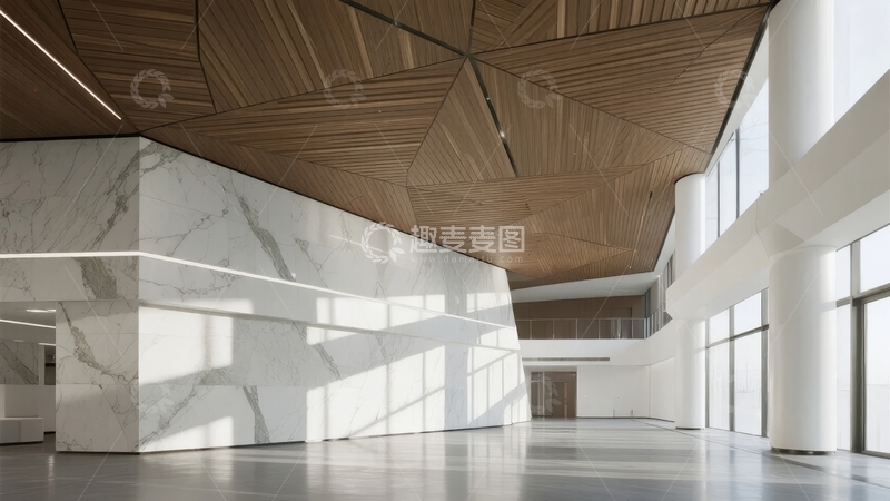 高清大图下载【趣麦麦图】现代建筑内部空间展示木质天花板与大理石墙面设计