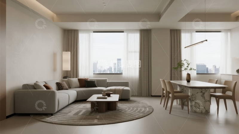 高清大图下载【趣麦麦图】现代简约风格客厅与餐厅一体化设计
