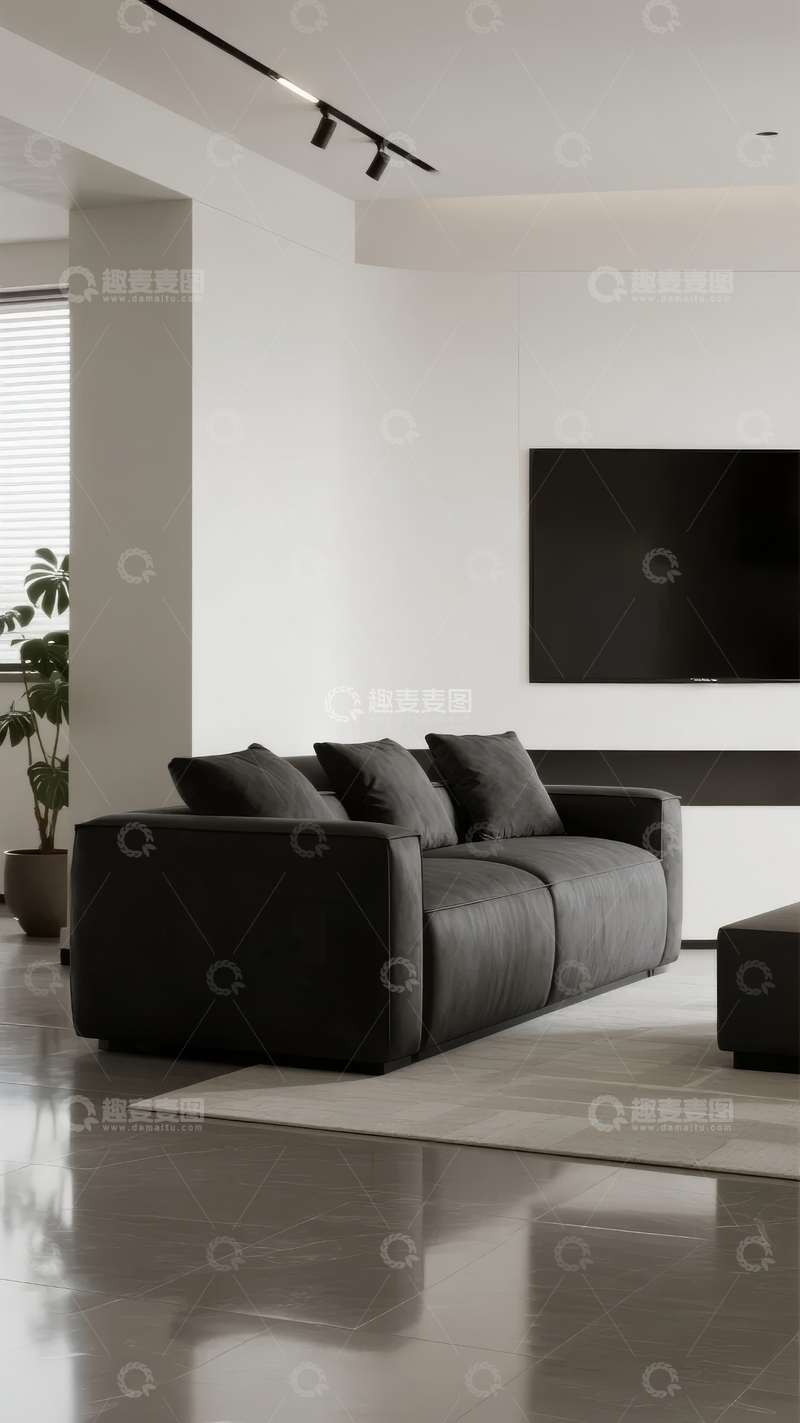 高清大图下载【趣麦麦图】现代简约客厅黑白配色沙发与电视墙设计