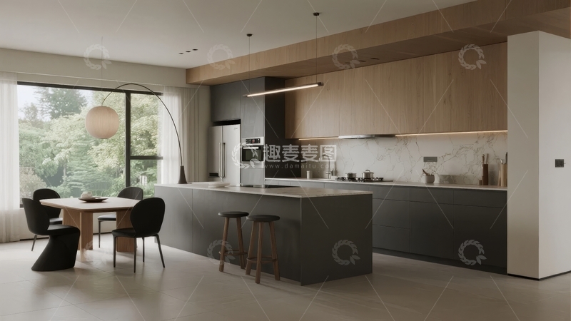 高清大图下载【趣麦麦图】现代简约风格厨房与餐厅一体化设计