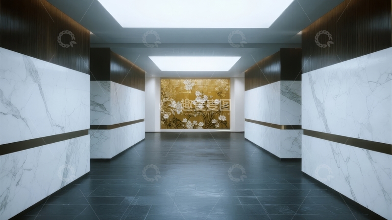 高清大图下载【趣麦麦图】现代走廊尽头装饰花卉壁画大理石墙面
