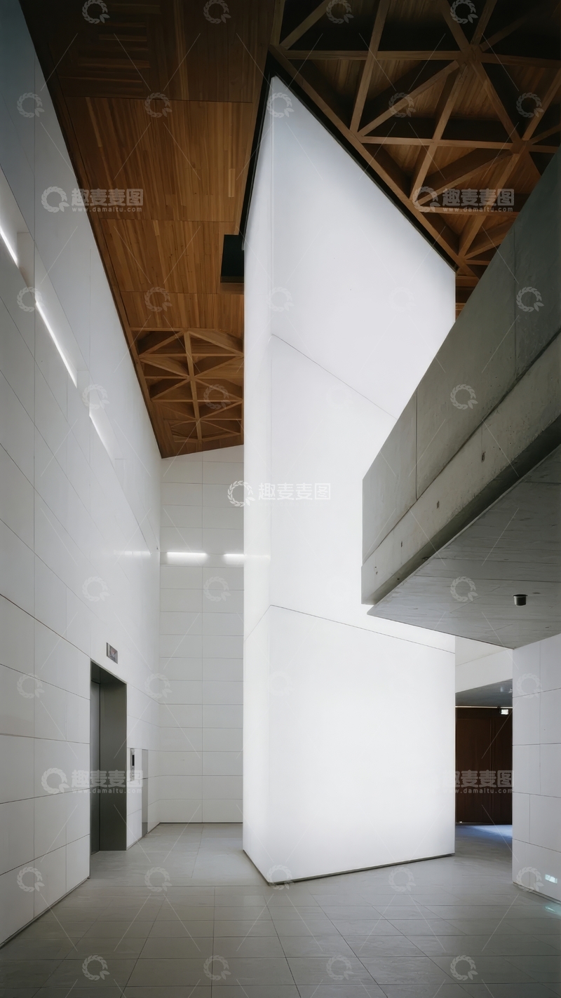 高清大图下载【趣麦麦图】现代建筑内部空间展示木质天花板与简洁墙面设计