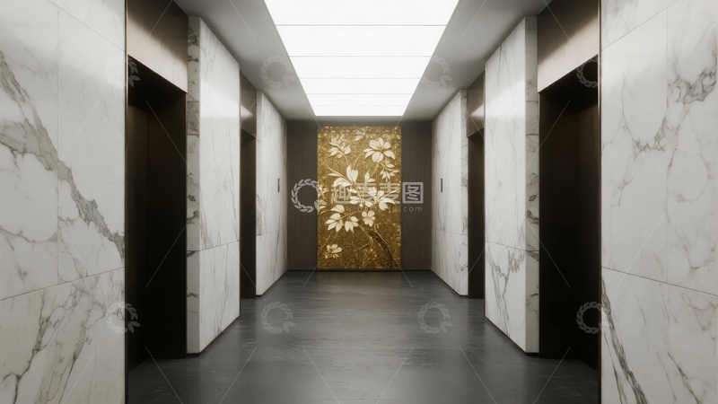 高清大图下载【趣麦麦图】现代豪华走廊尽头装饰画与大理石墙面