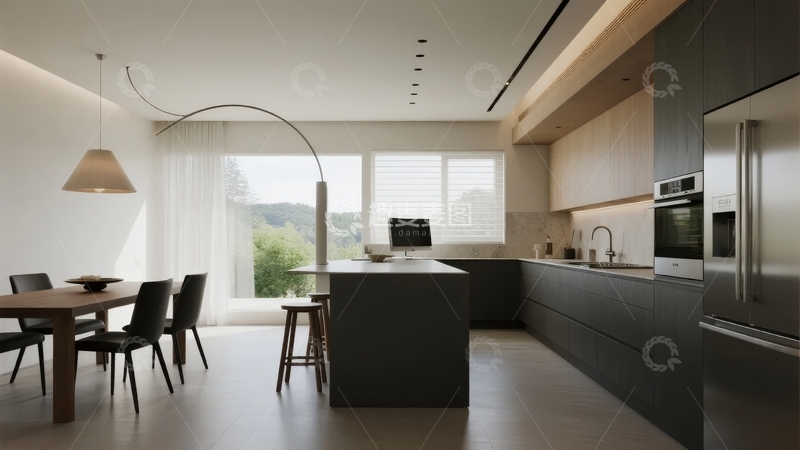 高清大图下载【趣麦麦图】现代简约风格厨房与餐厅一体化设计