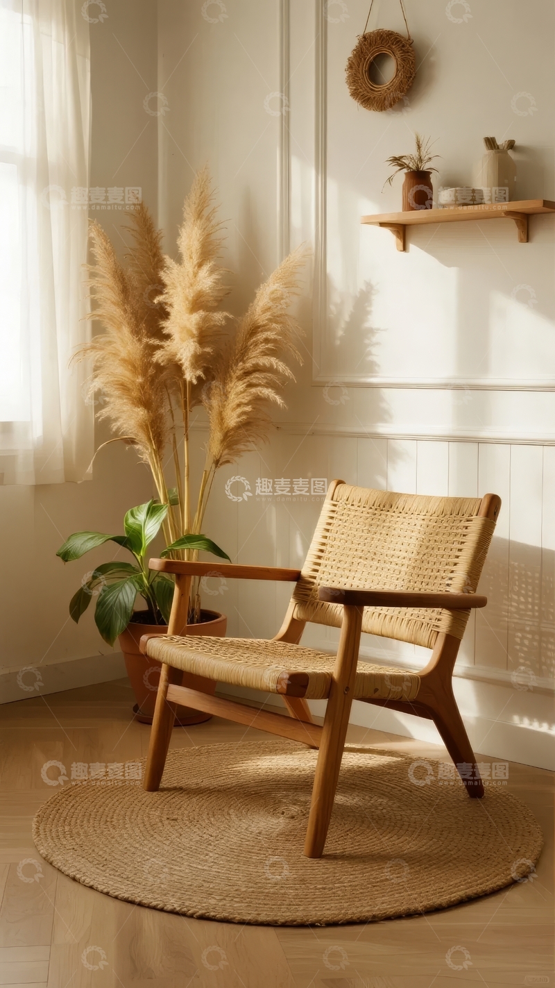 高清大图下载【趣麦麦图】室内一角摆放着编织椅和装饰植物