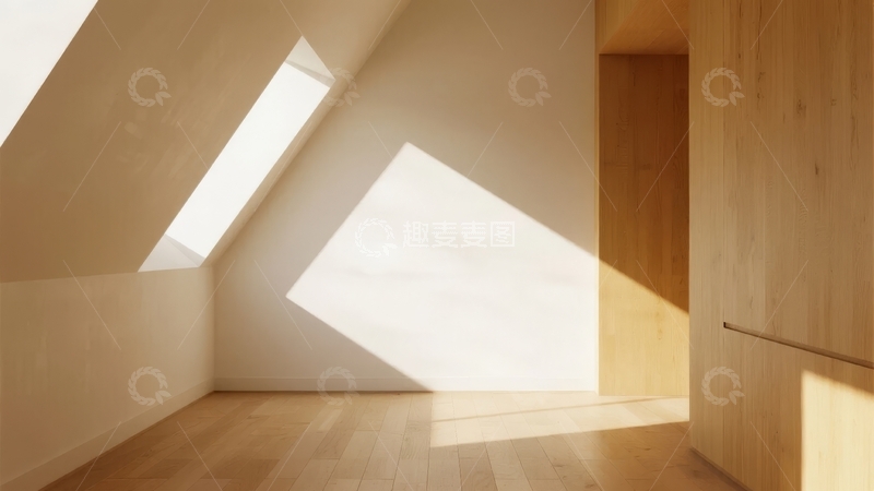 高清大图下载【趣麦麦图】阳光透过倾斜窗户洒入简约室内空间