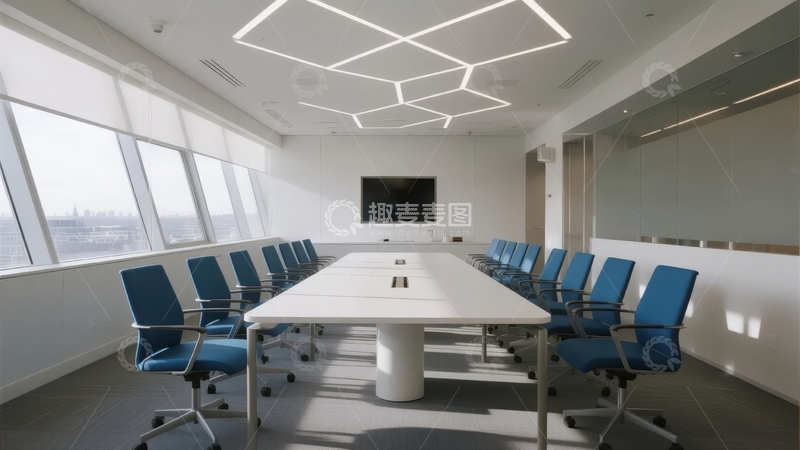 现代会议室配备蓝色座椅和独特几何吊灯