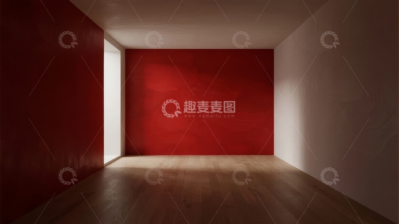 高清大图下载【趣麦麦图】红色墙面与光影交错的简约室内空间