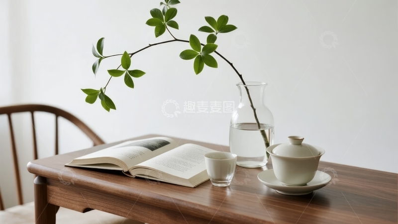 高清大图下载【趣麦麦图】木质桌面上摆放着茶具、书籍和绿植枝条的宁静场景