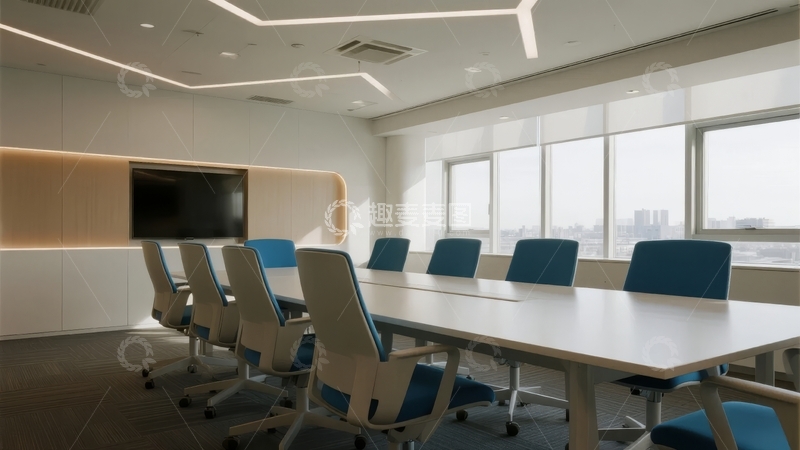 现代会议室配备长桌和蓝色座椅